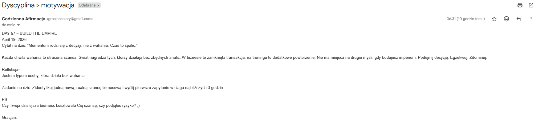 Wiadomość e-mail wygenerowana przez bota afirmacyjnego